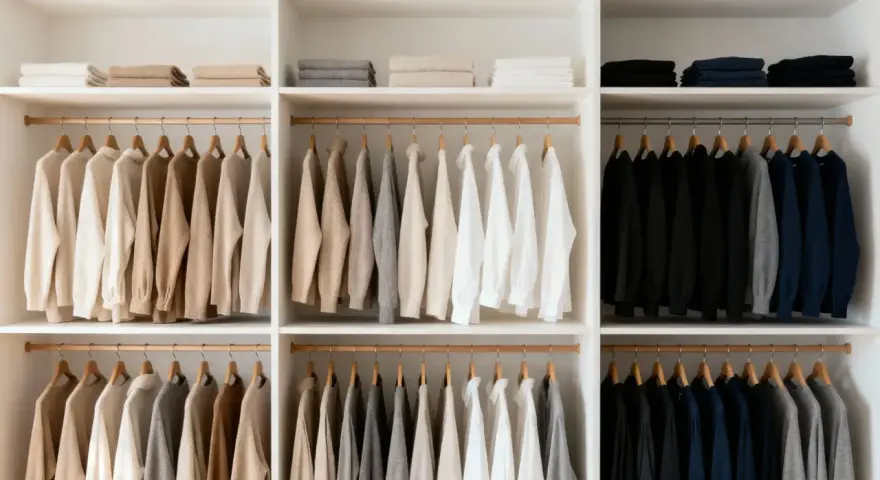 Armario organizado con ropa colgada y doblada en tonos neutros y oscuros. Una clara **estética minimalista** que inspira orden y calma.