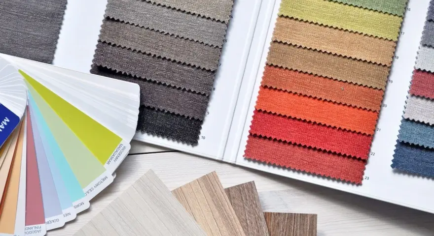Muestras de telas y laminados en tonos tierra y vibrantes, evocando una **primavera brillante**.