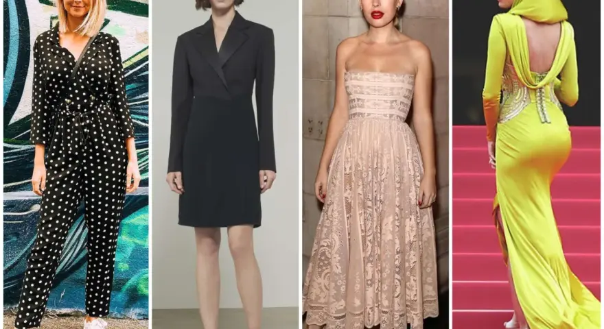 Cuatro mujeres muestran diferentes estilos de dress code mujer: jumpsuit de lunares, vestido negro tipo blazer, vestido de encaje rosa y vestido amarillo con escote en la espalda.
