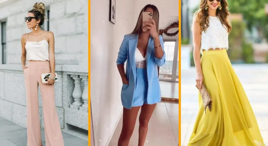 Tres looks con colores primavera: pantalones palo rosa, traje azul cielo y falda amarilla vibrante.