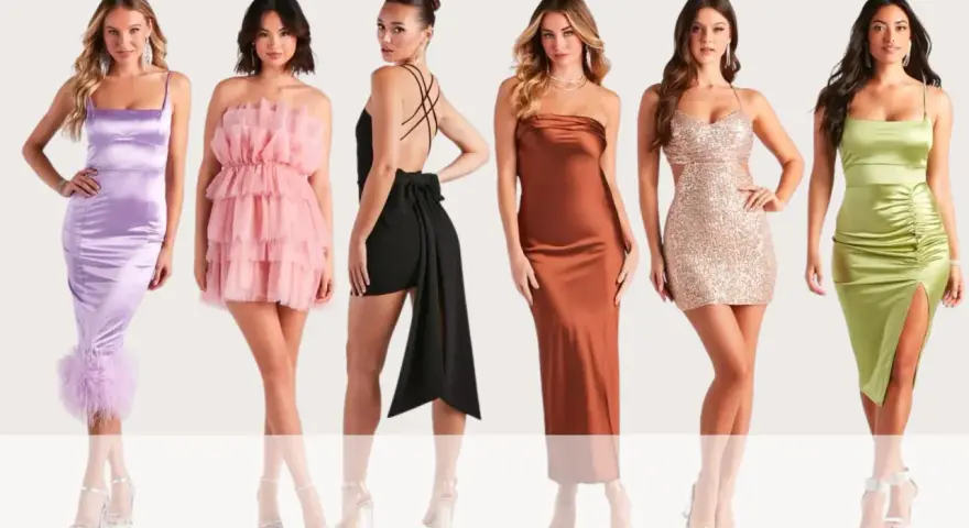 Seis mujeres lucen diferentes tipos de vestimenta: vestidos de satén, tul, lentejuelas y con detalles de plumas.