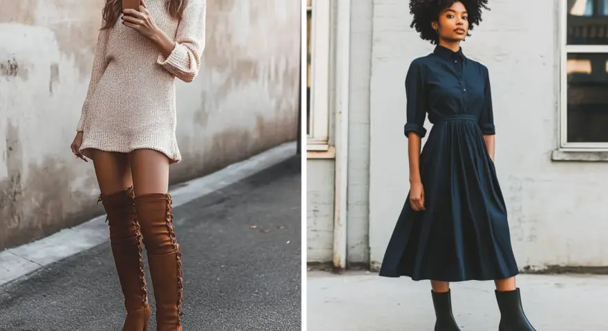 Dos mujeres lucen elegantes vestidos con botines y medias. Una con un vestido tejido y botas altas de gamuza, la otra con un vestido camisero y botines negros.