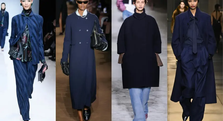 Modelos desfilan con elegantes trajes azul marino, mostrando cómo combinar traje azul marino mujer con estilo y sofisticación.