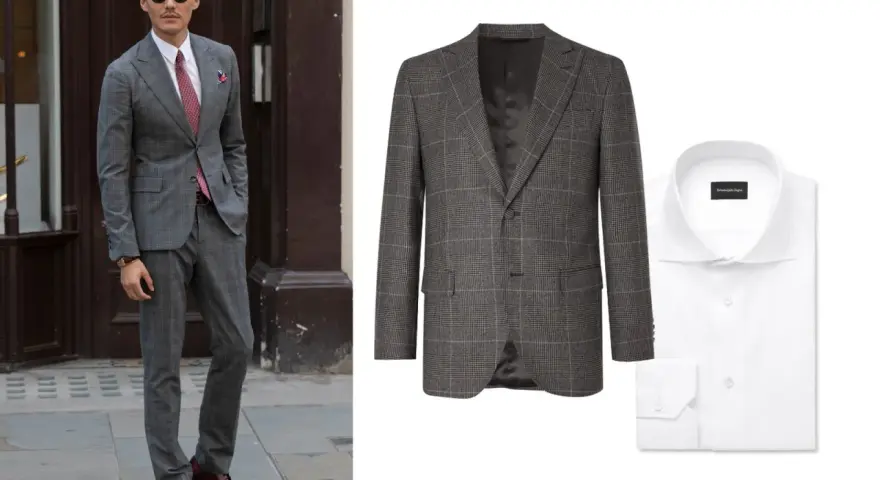 Hombre con traje gris a cuadros y camisa blanca. Ideas de traje gris mujer combinaciones elegantes.