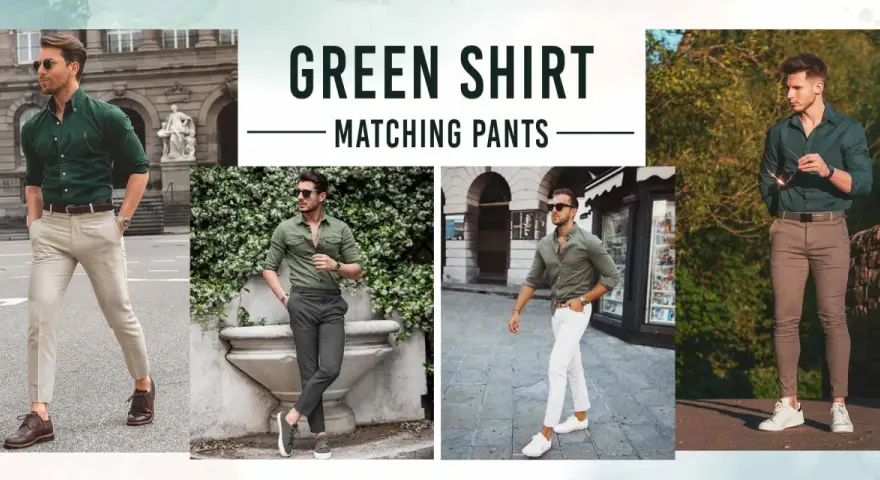 Estilos de moda masculina: camisa verde con pantalón verde, pantalón azul y pantalón beige.