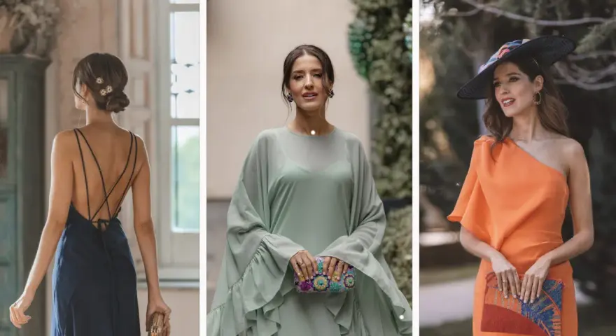 Tres mujeres con vestidos elegantes, perfectos para un código vestimenta boda. Azul, verde menta y naranja vibrante.