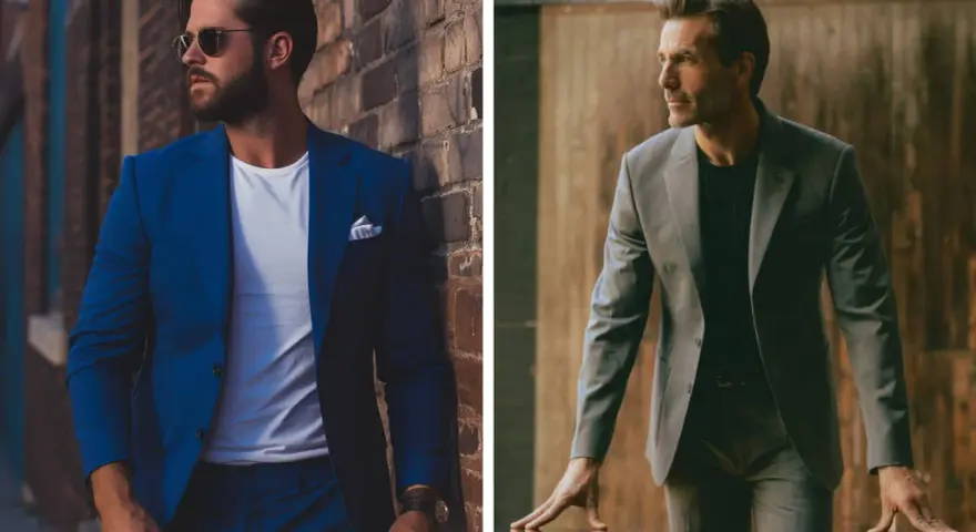 Dos hombres con estilo, uno con camisa y blazer azul, el otro con camisa y blazer gris.