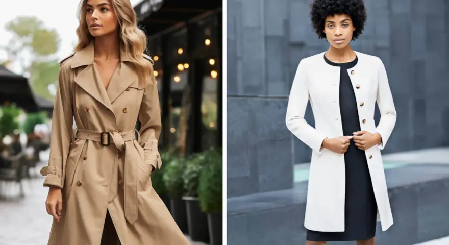 Diferencia entre trench y gabardina: una mujer luce un trench beige clásico, mientras otra lleva una gabardina blanca elegante.