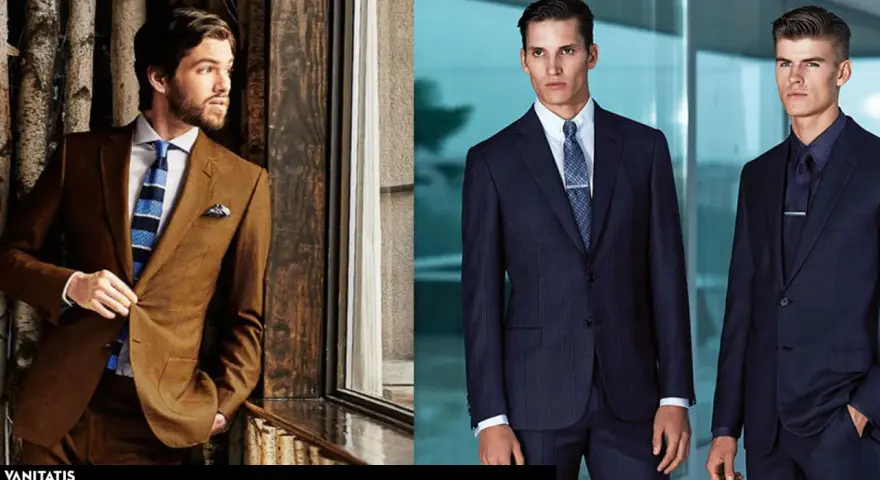 Hombres luciendo vestimenta formal: un traje marrón con corbata a rayas y otro con traje azul marino a rayas.