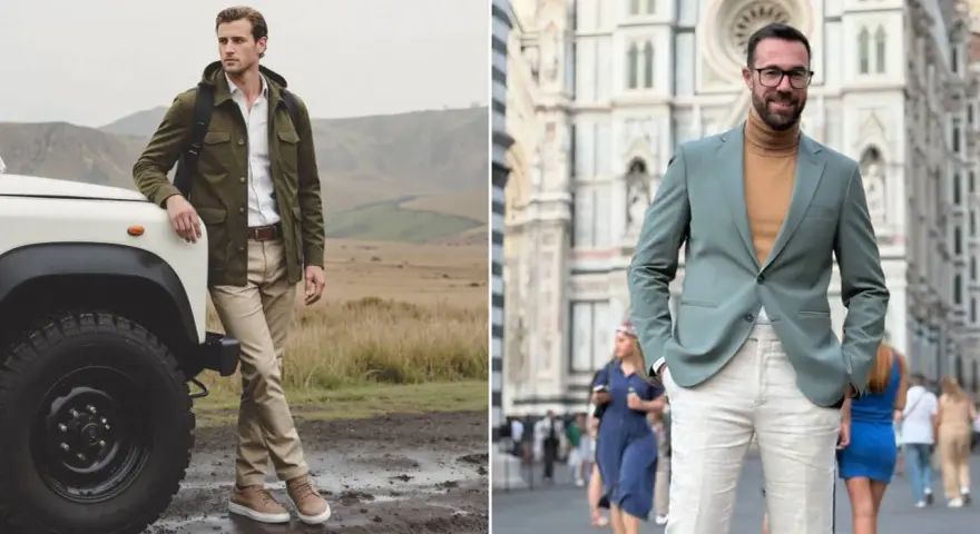 Dos hombres lucen elegantes. Uno, junto a un todoterreno, lleva una chaqueta verde y pantalones beige. El otro, en la ciudad, combina un traje verde con pantalones claros.