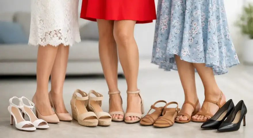 Tres mujeres con vestidos (blanco, rojo, floral) eligen zapatos. Ideas para como combinar zapatos con vestidos.