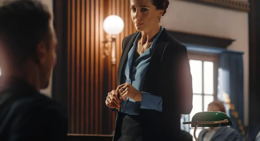 Abogada con traje negro y blusa azul, lista para un juicio. Un ejemplo de como ir vestida a un juicio mujer.
