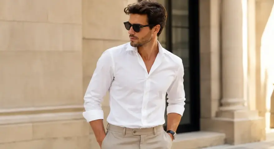 Hombre con gafas de sol y un elegante outfit de camisa blanca y pantalones beige, posando con confianza.