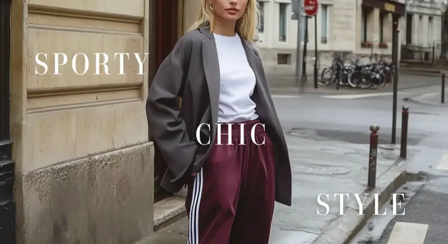 Mujer con un look **smart chic dress code**: blazer gris, camiseta blanca y pantalón deportivo burdeos con rayas.