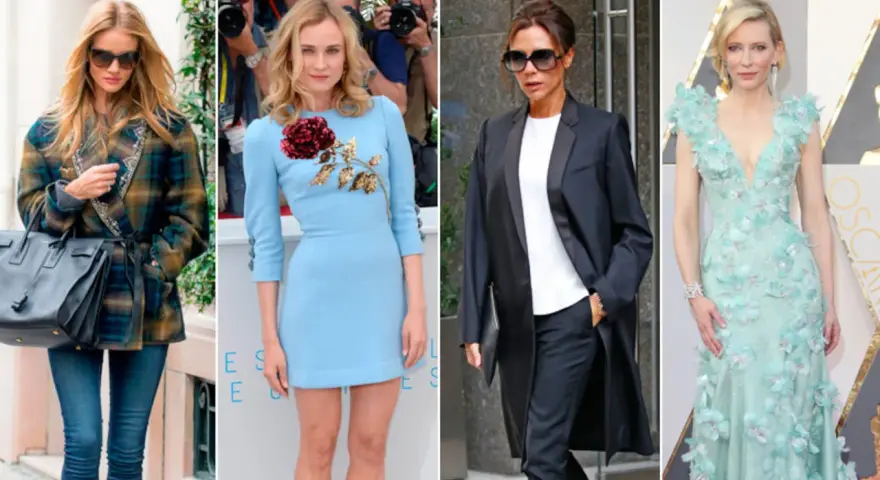Mujeres con looks smart casual verano: abrigo cuadros, vestido azul floral, traje negro y vestido de gala.