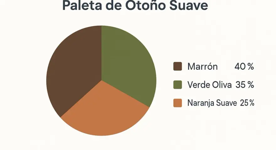 Paleta de otoño suave: marrón (40%), verde oliva (35%) y naranja suave (25%). Una representación visual de la colorimetría de otoño.