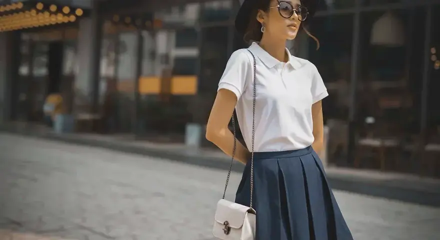 Mujer con estilo preppy, luce un polo blanco, falda azul y sombrero negro.