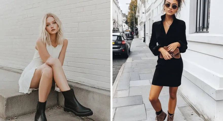 Dos mujeres lucen estilos diferentes de vestidos con botas. Una lleva un vestido blanco corto y botas negras gruesas, la otra un vestido negro elegante y botines marrones.
