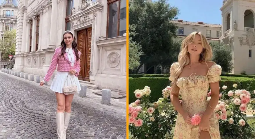 Dos mujeres con un estilo coquette: una con traje rosa y falda blanca, la otra con vestido floral.