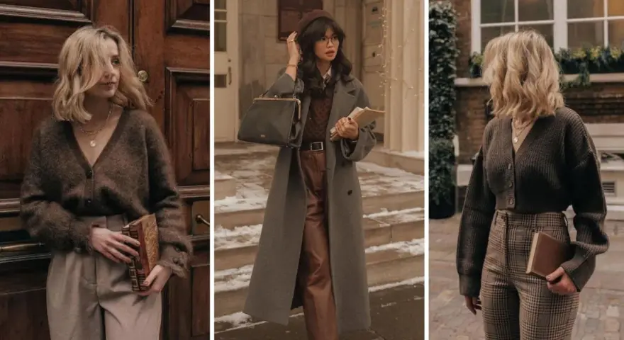 Tres mujeres con estilo dark academia, con abrigos largos, cárdigans y pantalones de cuadros, sostienen libros.