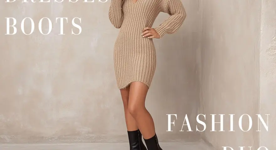 Mujer luce un vestido tejido color canela y botines negros, un dúo de moda perfecto para cualquier fiesta.