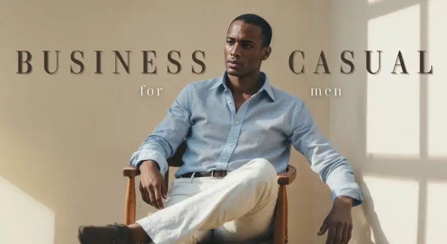 Hombre con camisa azul claro y pantalones blancos, ideal para un look business casual verano.