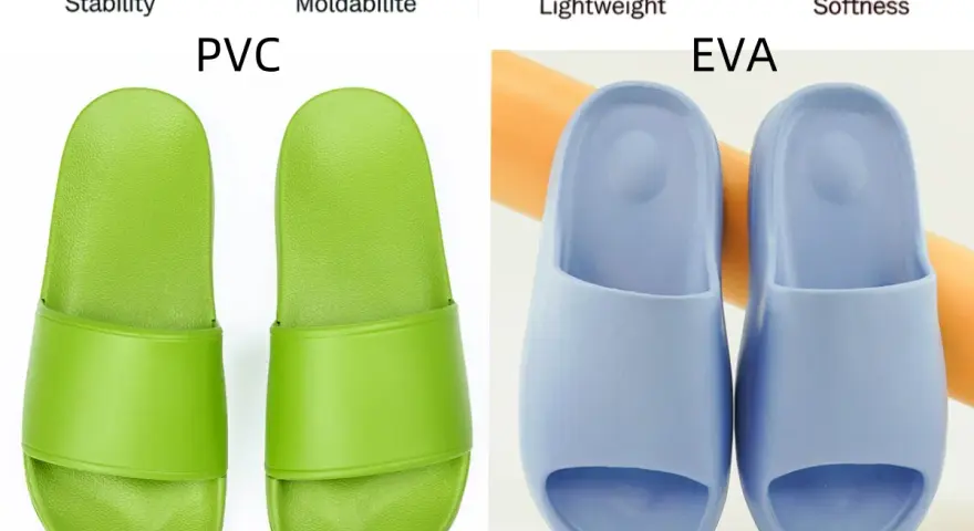 Chanclas verdes de PVC y azules de EVA. El material EVA es ligero y suave, a diferencia del PVC que puede ser tóxico.