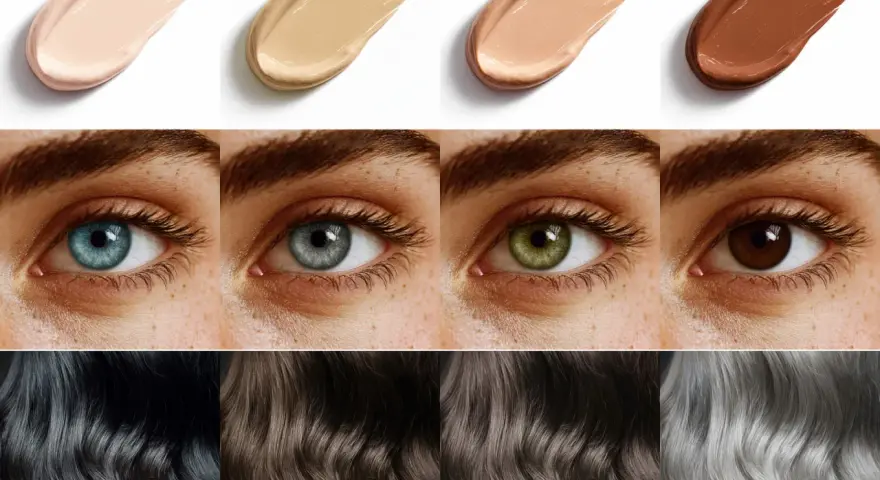 Muestras de bases de maquillaje, ojos de distintos colores y cabellos en tonos oscuros y grises, evocando una paleta de colores de invierno.