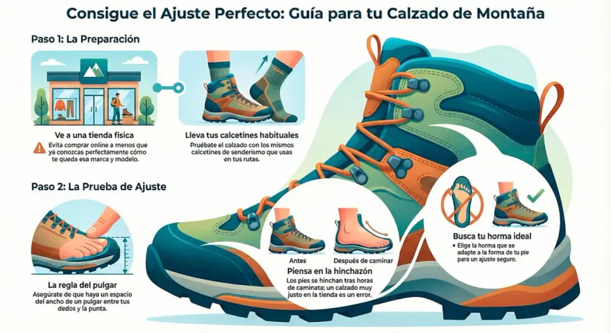 Guía para elegir calzado de montaña: preparación, prueba de ajuste, hinchazón y horma ideal. Considera los tipos de pies según dedos para un ajuste perfecto.