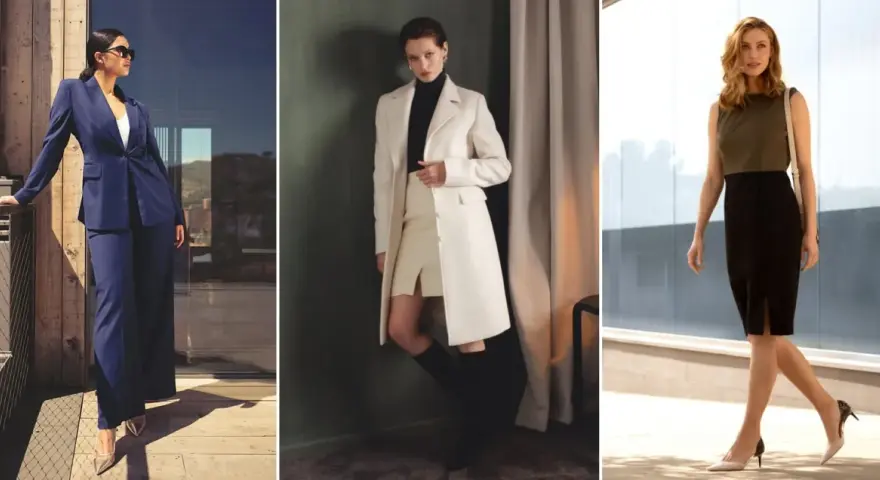 Mujer ejecutiva con trajes elegantes: azul marino, blanco y negro.