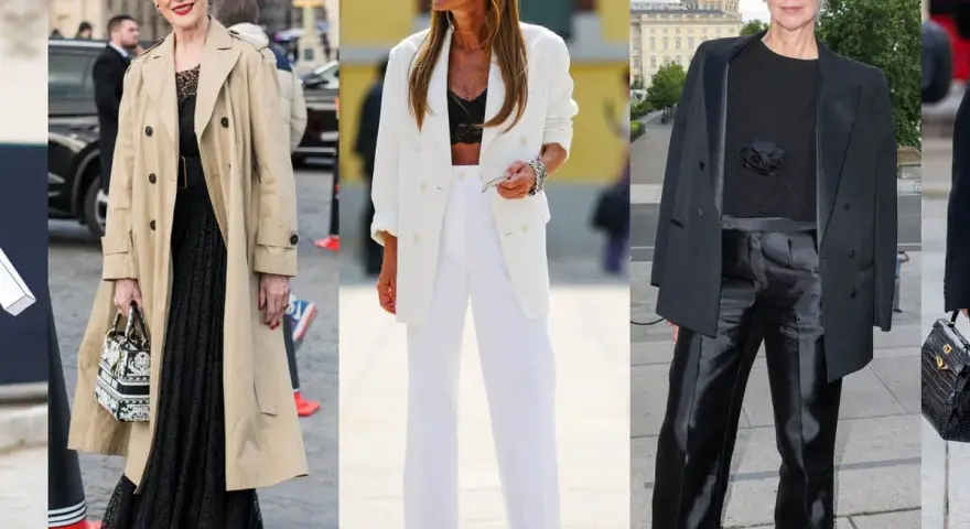 Tres mujeres con un impecable estilo mod: una con gabardina beige y vestido negro, otra con traje blanco y la tercera con traje negro.