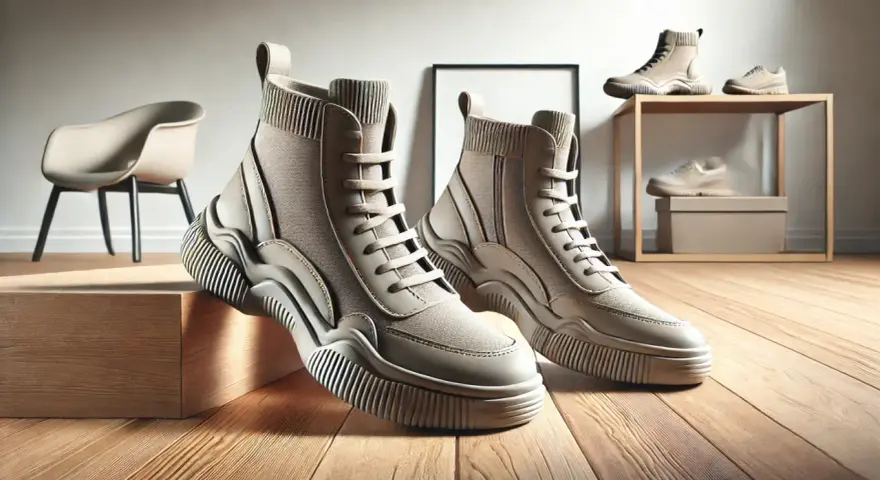Botas de moda con suela tpr de gran tamaño, cordones y detalles texturizados, sobre un suelo de madera.