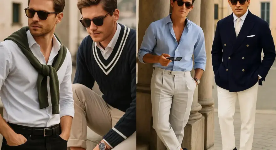 Hombres con estilo old money: camisas, jerséis de rombos, trajes y gafas de sol, proyectando elegancia y sofisticación.