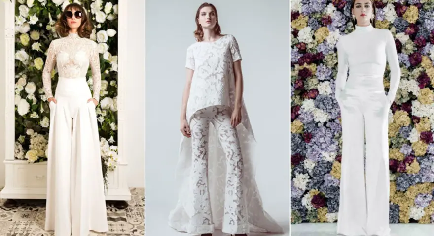 Tres novias con pantalón blanco, una con encaje y gafas de sol, otra con un diseño asimétrico y la tercera con cuello alto y fondo floral.