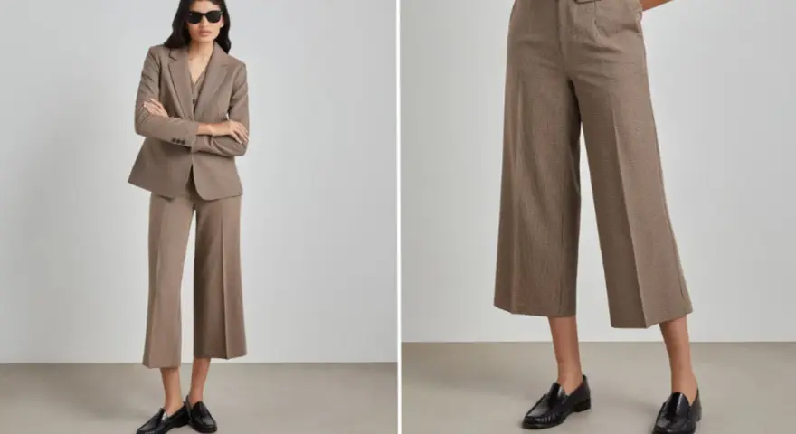 Mujer con traje de cuadros marrones y zapatos negros. Los pantalones tobilleros lucen geniales con estos zapatos.