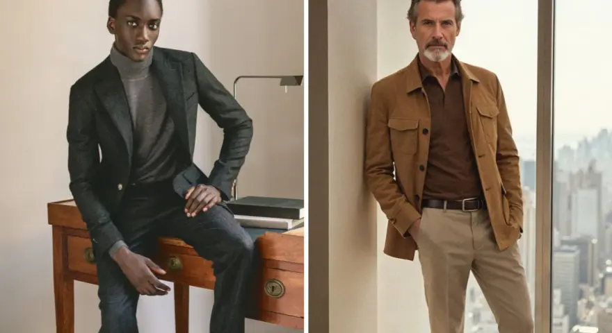 Dos hombres con atuendos business formal. Uno con traje gris y cuello alto, el otro con chaqueta marrón y polo.