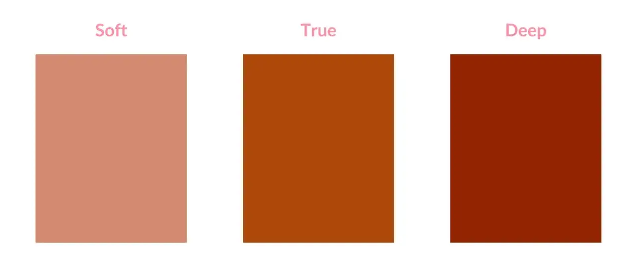 Tres bloques de color: suave, verdadero y profundo, evocan una autumn palette con tonos terracota y óxido.