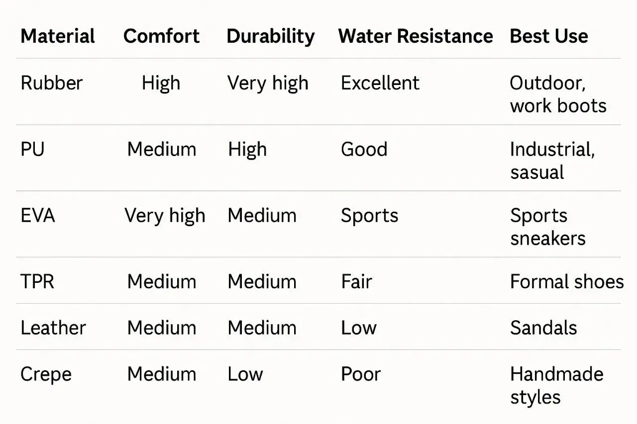 Tabla comparativa de materiales para zapatos. El poliuretano (PU) ofrece comodidad y durabilidad medias, buena resistencia al agua, ideal para uso industrial y casual.