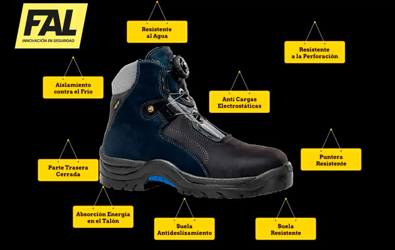 Bota de seguridad FAL con suela resistente, puntera reforzada y aislamiento térmico. Fabricada con material EVA, no tóxico, para confort y protección.