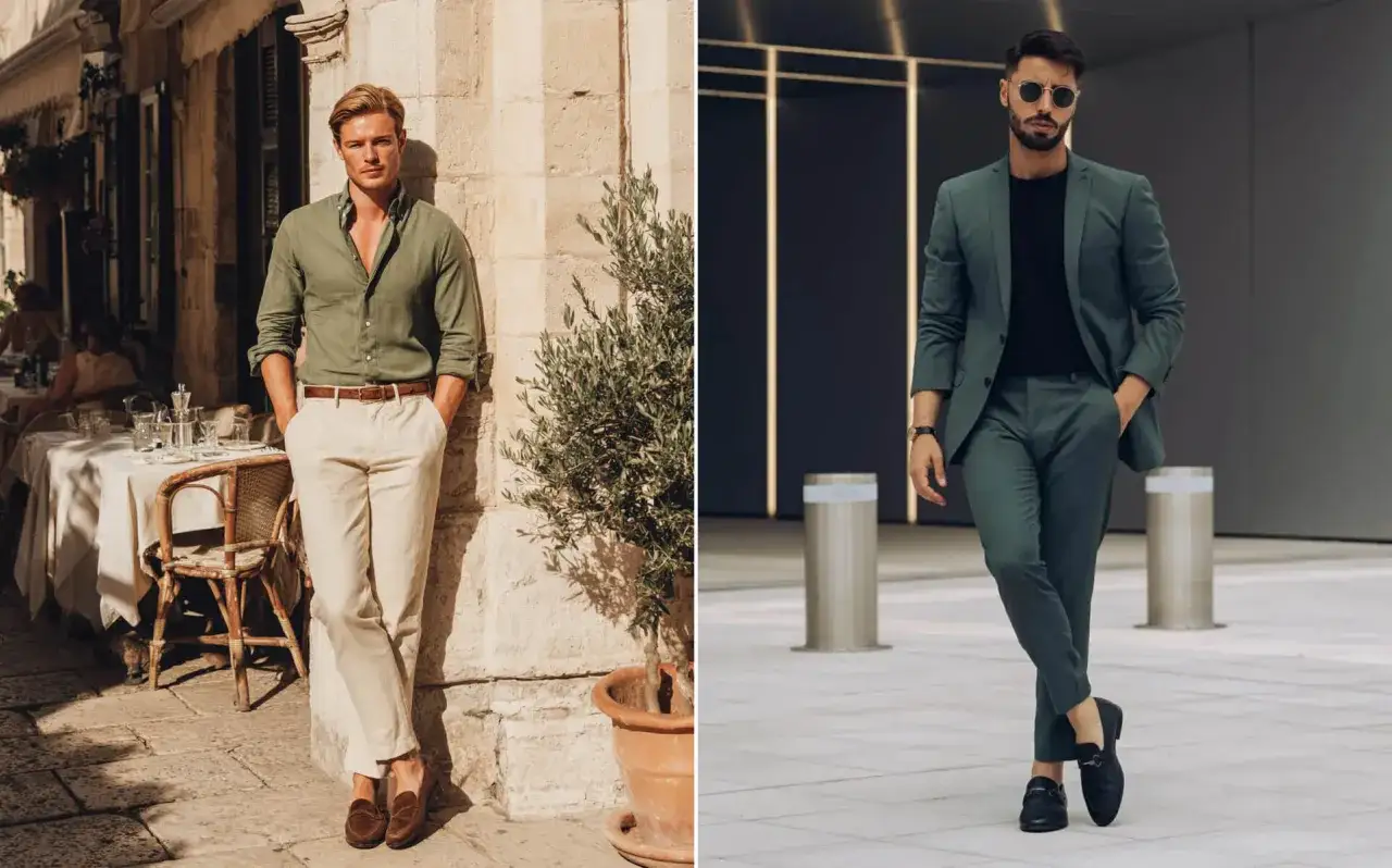 Dos hombres con trajes verdes, uno casual con pantalones beige y camisa, el otro elegante con traje completo. Colores que combinan con el verde.