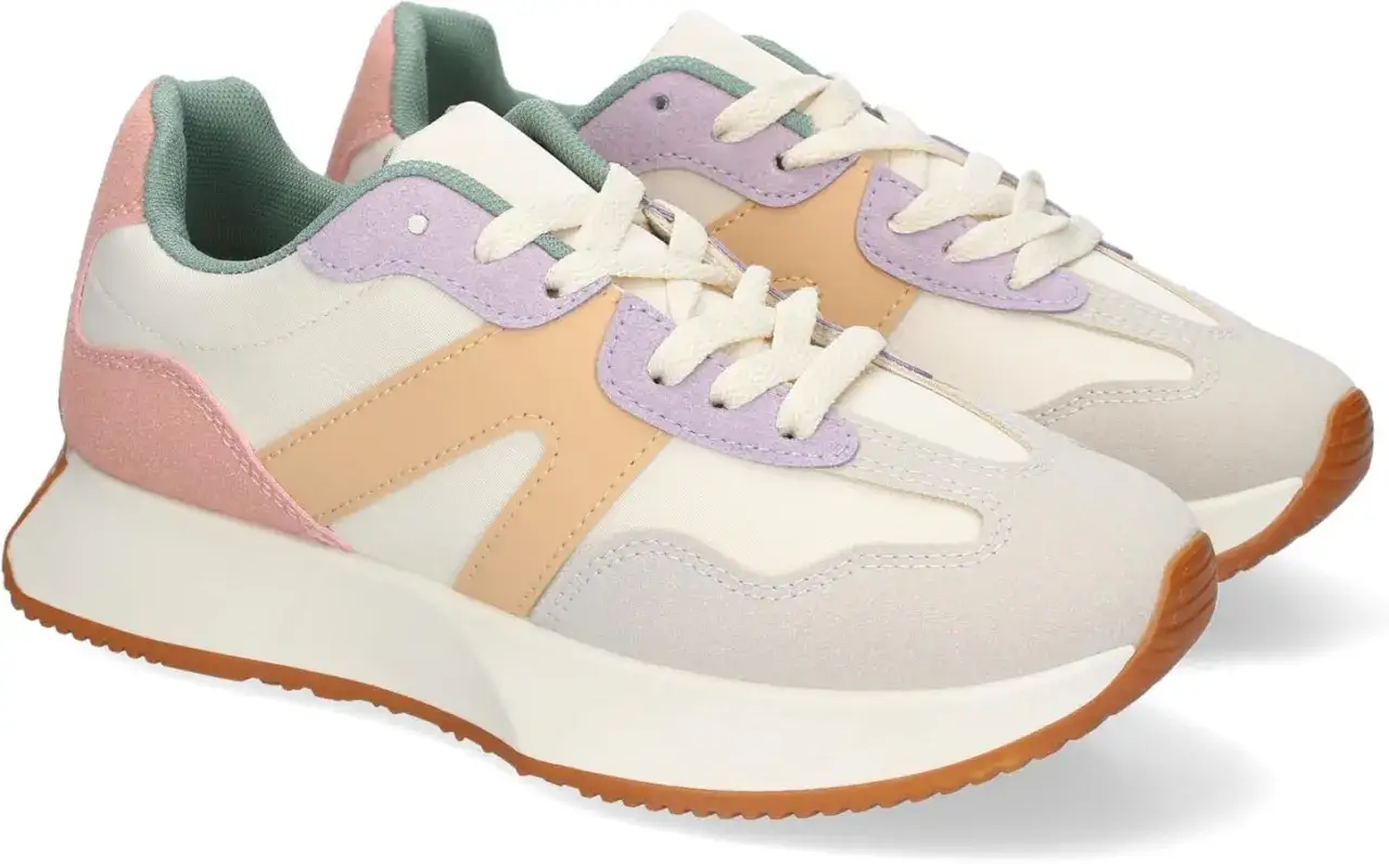 Un par de zapatillas deportivas mujer en tonos pastel: blanco, rosa, lila y beige. Perfectas para un look casual y cómodo.