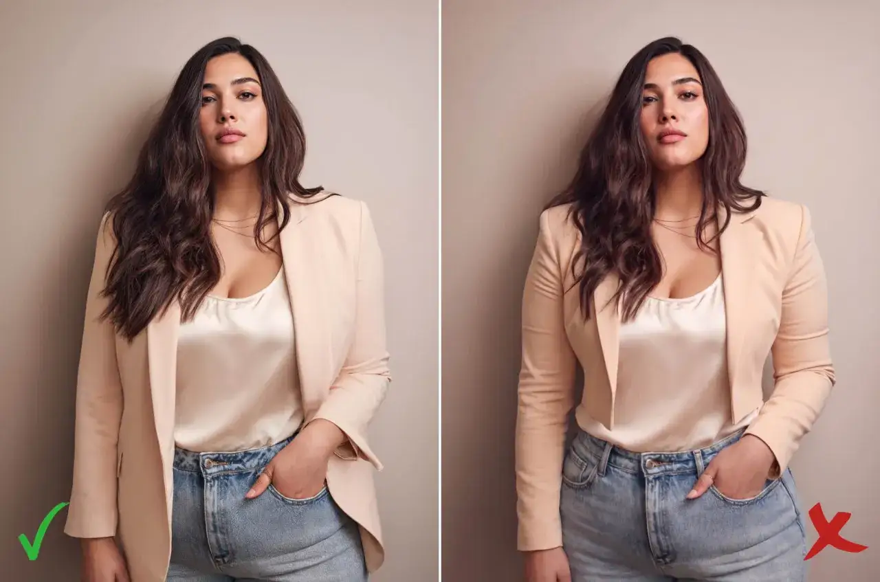 Mujer con cuerpo manzana famosas, posando con chaqueta y jeans. Izquierda: pose favorecedora. Derecha: pose menos favorecedora.