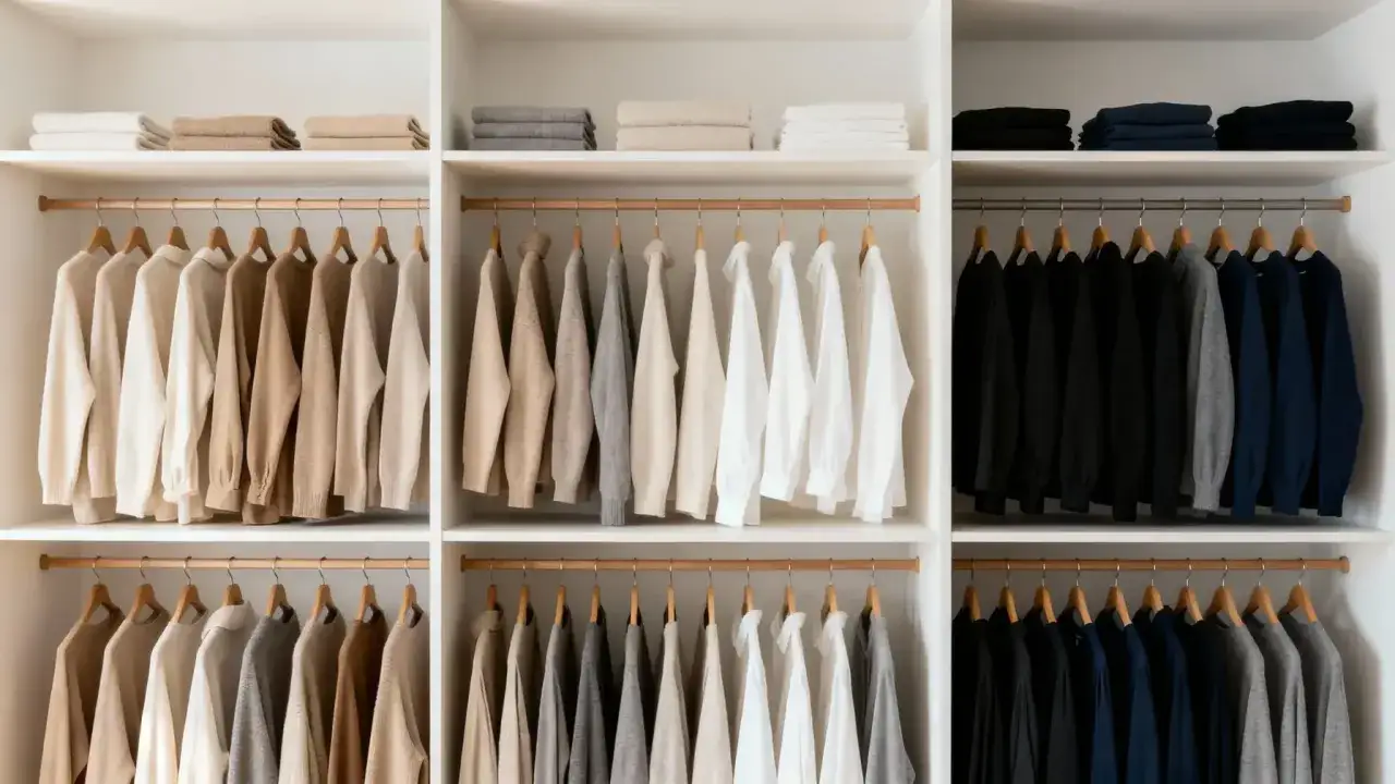 Armario organizado con ropa colgada y doblada en tonos neutros, reflejando una estética minimalista.
