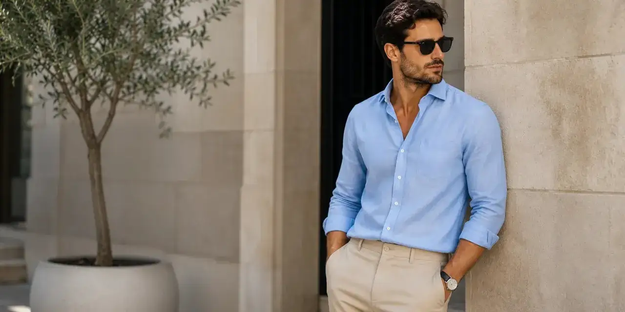 Hombre con camisa azul y pantalón beige, apoyado en una pared de piedra, con gafas de sol y un árbol al lado.