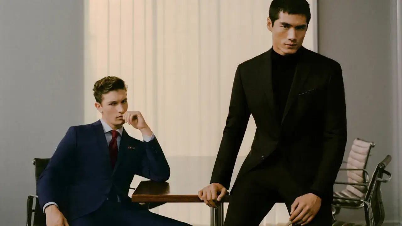 Dos hombres con trajes business formal posan en una oficina. Uno viste azul marino con corbata roja, el otro negro con cuello alto.