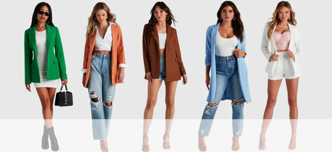 Cinco mujeres lucen blazers de colores con diferentes opciones de qué ponerse debajo: vestidos, tops y shorts.