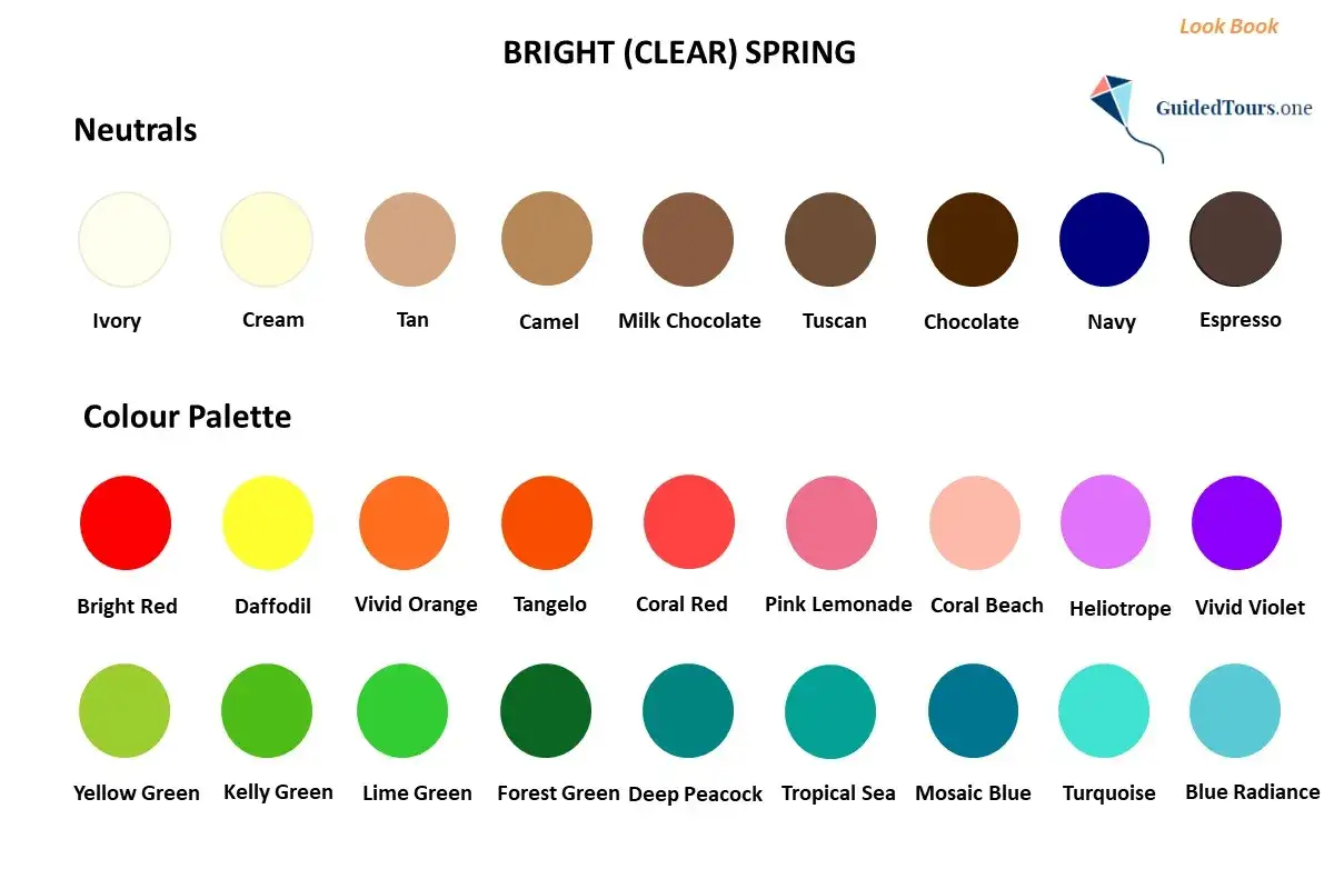 Paleta de colores para la primavera brillante: neutros como marfil y crema, y tonos vibrantes como rojo, amarillo, naranja, rosa, verde y azul.