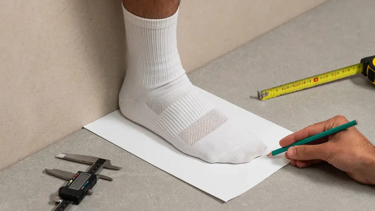 Midiendo el pie para la guía de tallas Saucony. Un pie con calcetín blanco está sobre papel, un lápiz marca el contorno, y hay un calibre y cinta métrica cerca.