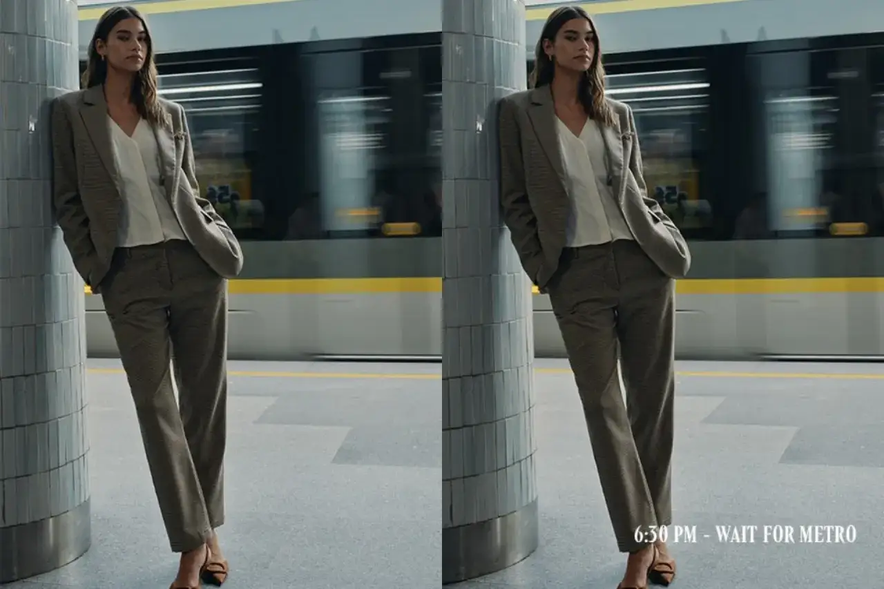 Mujer con un elegante outfit para entrevista de trabajo, posando en una estación de metro.