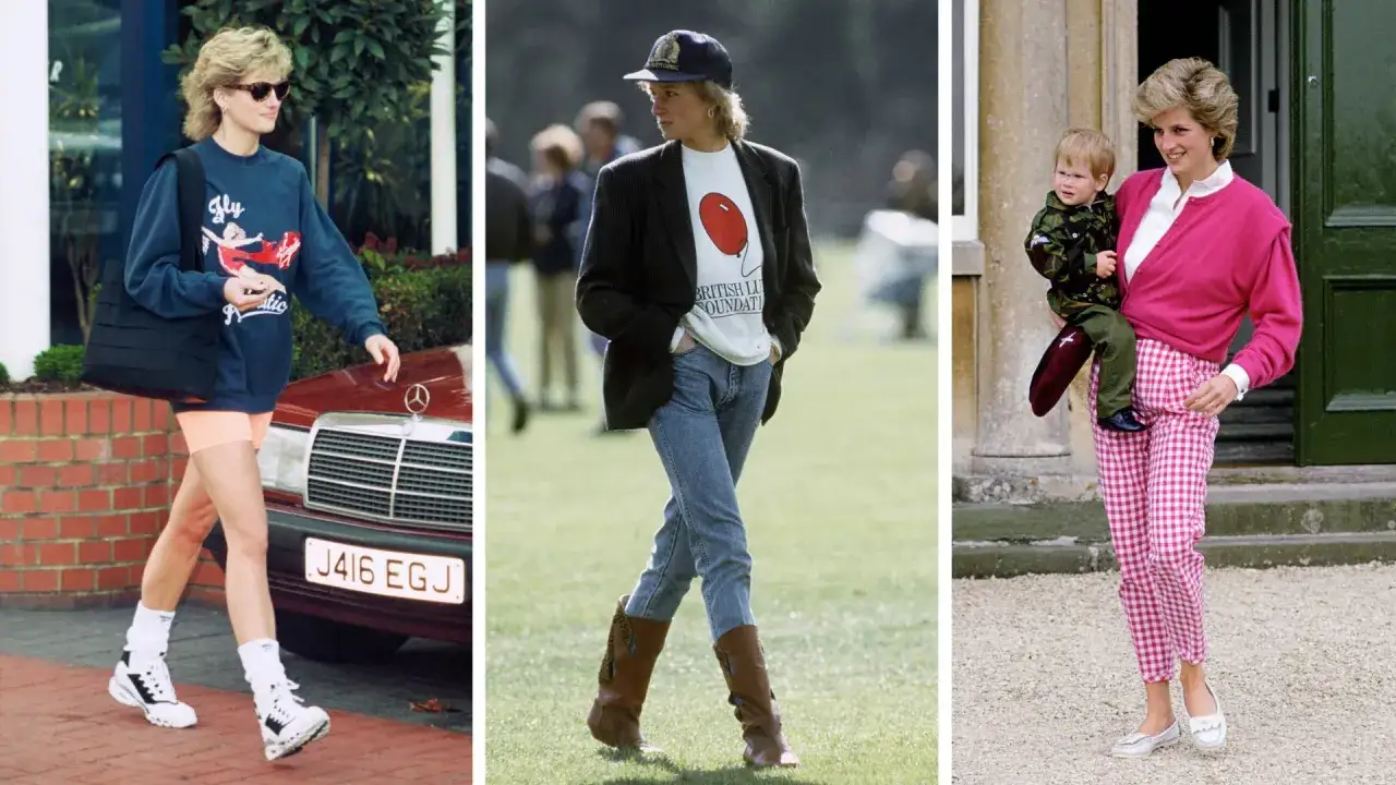 Lady Di outfits: deportiva con sudadera y shorts, casual con blazer y jeans, y maternal con cárdigan rosa y pantalón de cuadros.